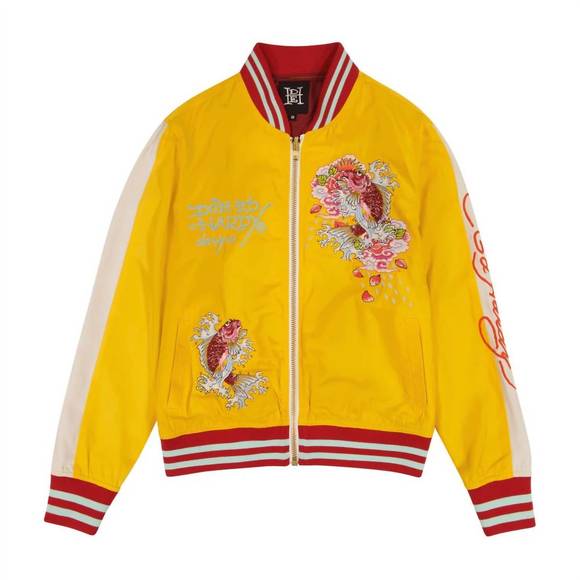 NEW ED HARDY women's koi cranes souvenir jacket in gold white - Picture 1 of 4